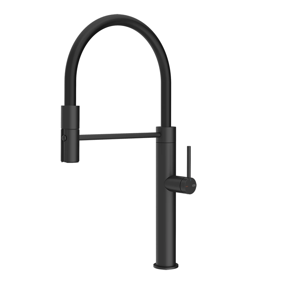 60120 Semi-professional sink mixer with 360° swivel spout and pull-out hand shower.