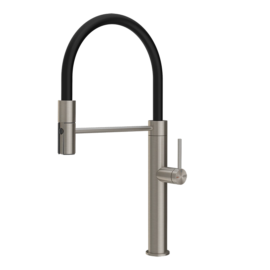 60120 Semi-professional sink mixer with 360° swivel spout and pull-out hand shower.