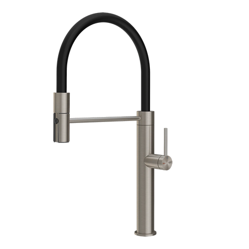 60120 Semi-professional sink mixer with 360° swivel spout and pull-out hand shower.